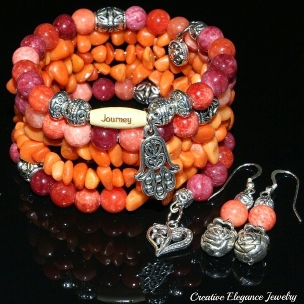 Quartzite Ruby Gemstone Wrap Bracelet and Earrings Set